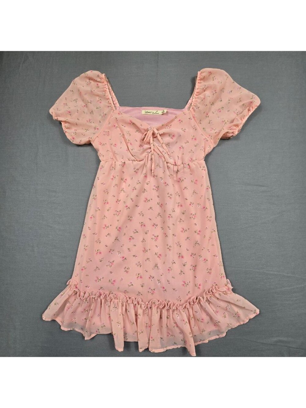 Liberty Love M Floral Pink Ruffled Mini Dress Short Puff Sleeves Empire Babydoll